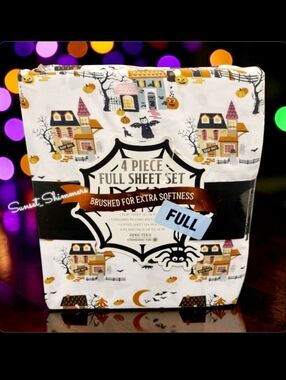 Haunted House Village FULL Bed Sheets Witch Black Cat Ghost Pumpkin Halloween